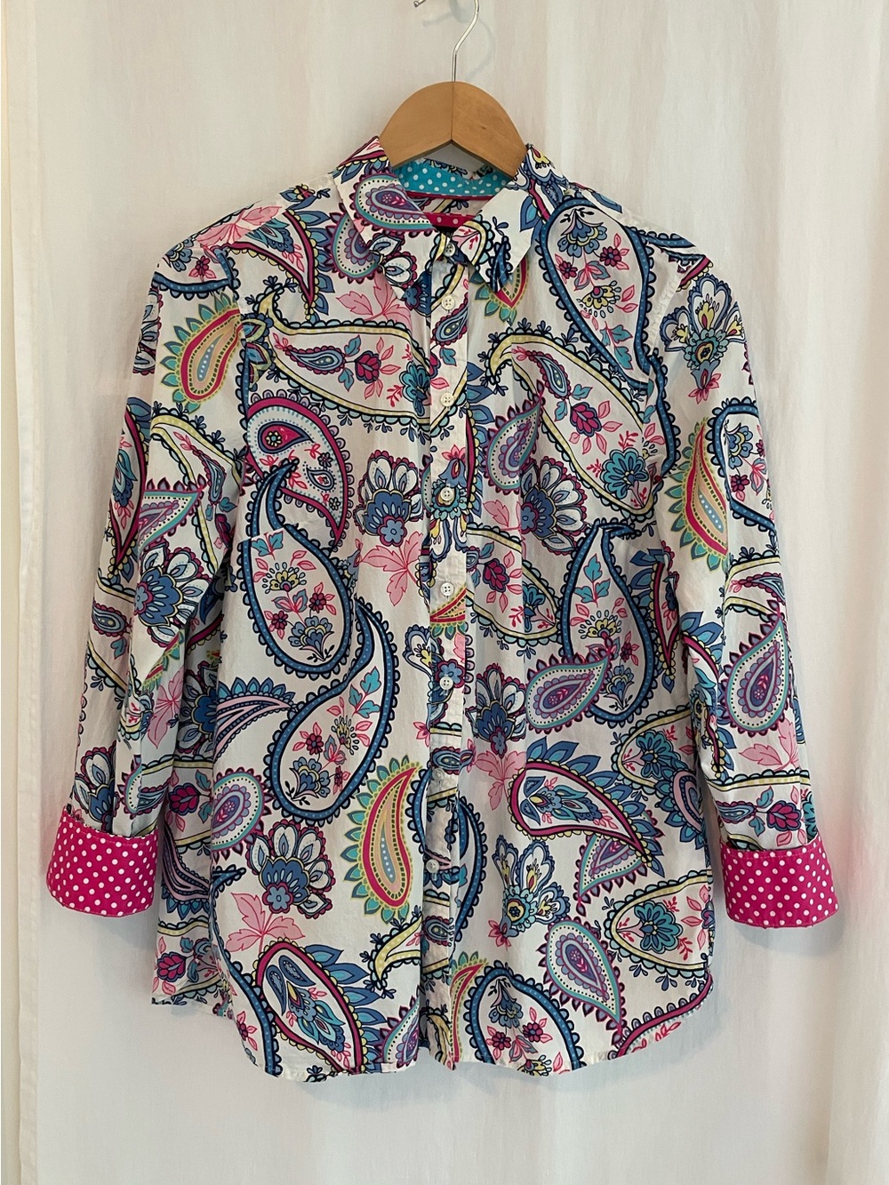 Talbots Colorful Paisley Button-Down Shirt with Polka Dot Contrast